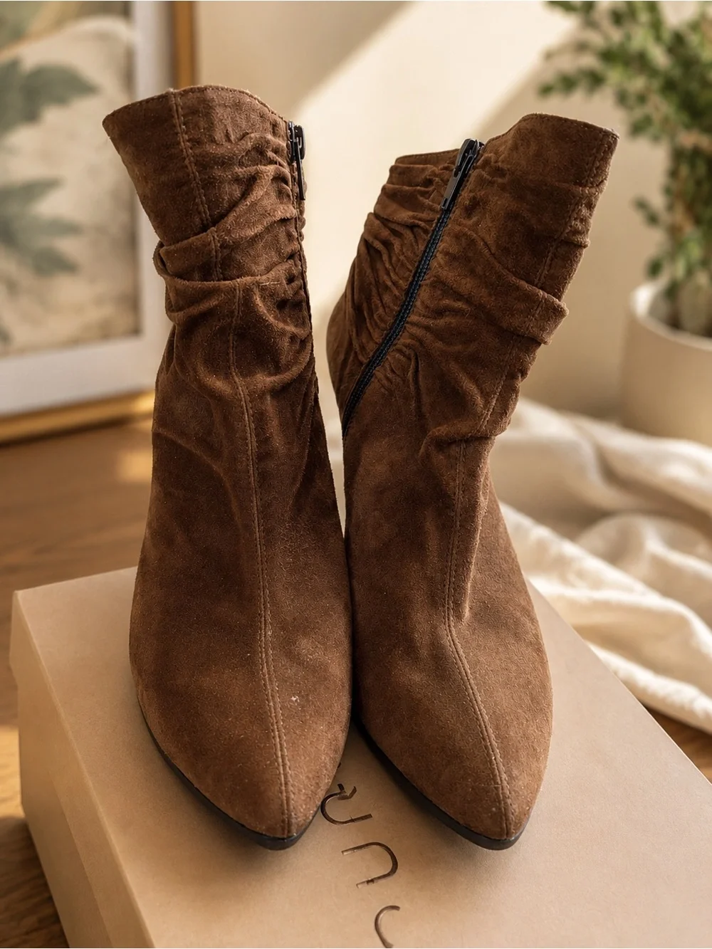 Pura Lopez Cognac Suede Ruched Ankle Booties